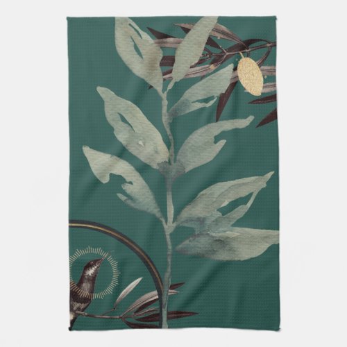 Rich Teal Green Artistic Watercolor Leaves Kitchen Towel