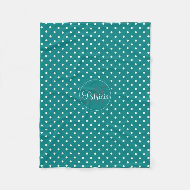 Rich Teal Polka Dot Whimsical Monogram Cozy Throw Fleece Blanket (Front)