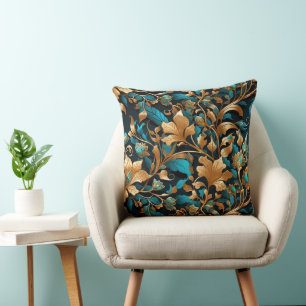 Rich, Vibrant, Gold, Turquoise, Fall Leaves Throw Pillow