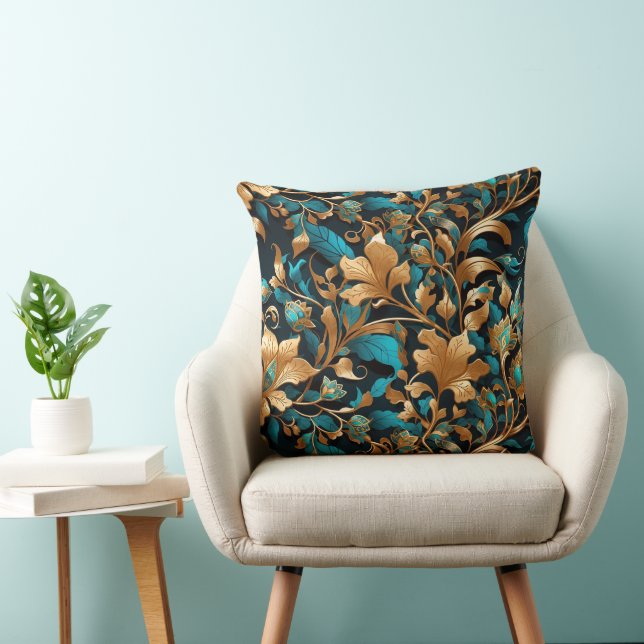 Rich, Vibrant, Gold, Turquoise, Fall Leaves Throw Pillow (Chair)