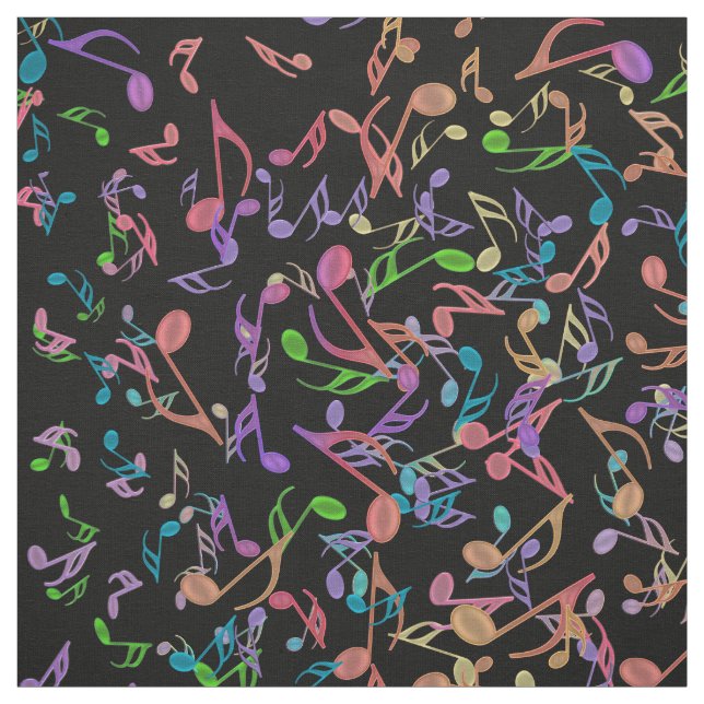 Rich Warm Music Notes Colorful Black Fabric (Swatch)