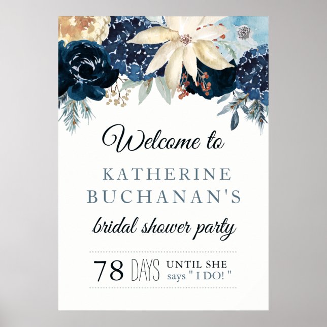 Rich Winter Blue Bridal Shower Welcome Sign (Front)
