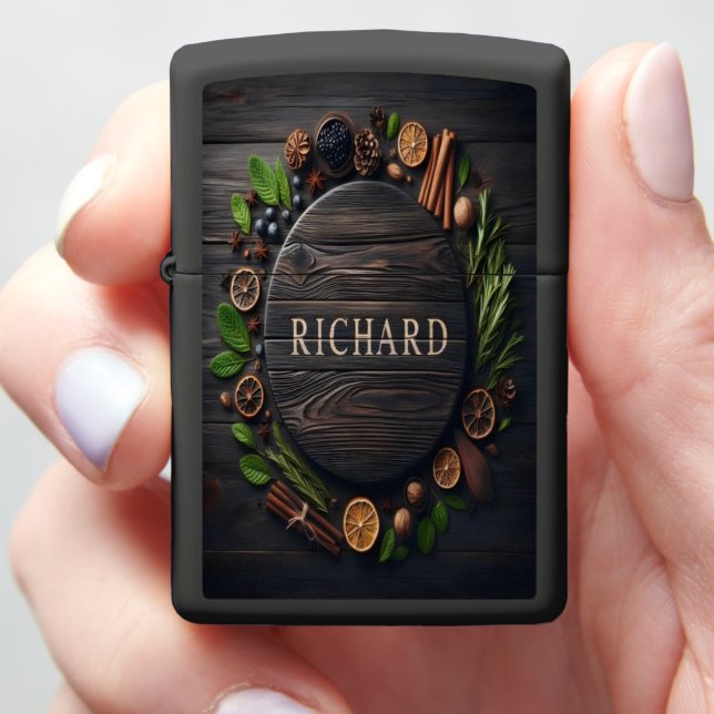 Richard's Festive Wooden Sign Zippo Lighter (In Hand)