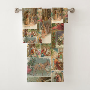 Richly-Detailed Vintage Father Christmas Collage Bath Towel Set
