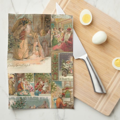 Richly_Detailed Vintage Father Christmas Collage Kitchen Towel