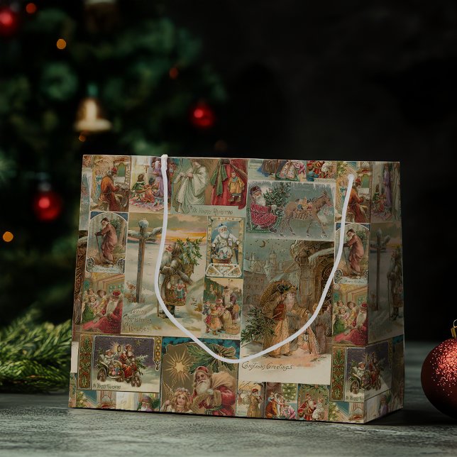 Richly-Detailed Vintage Father Christmas Collage Large Gift Bag (Creator Uploaded)