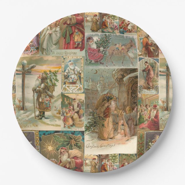 Richly-Detailed Vintage Father Christmas Collage Paper Plates (Front)