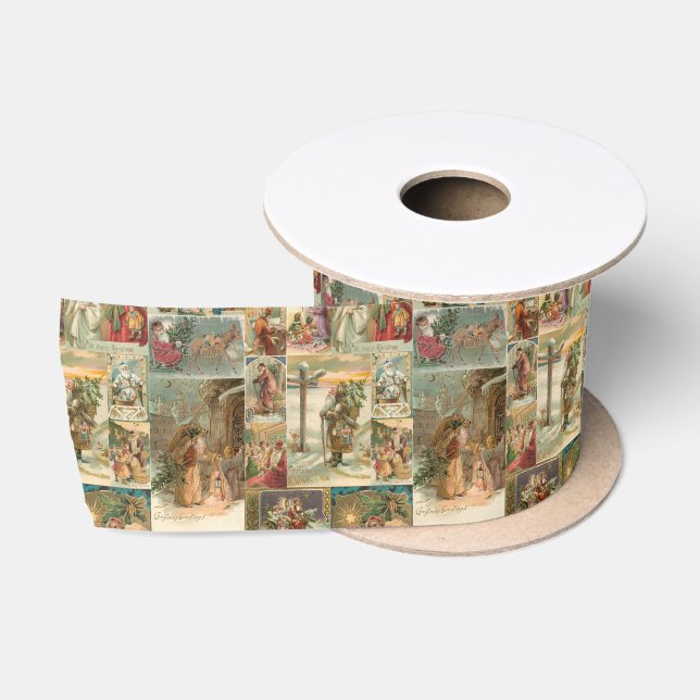 Richly-Detailed Vintage Father Christmas Collage Satin Ribbon (Spool)