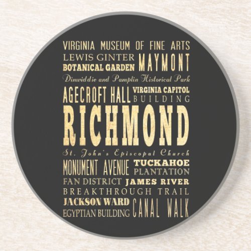 Richmond City if Virginia Typography Art Sandstone Coaster