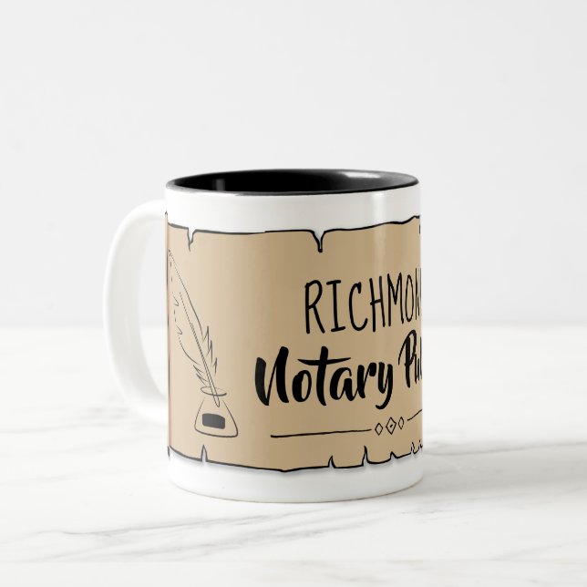 Richmond Notary Public Scroll Feather Quill Two-Tone Coffee Mug (Front Left)