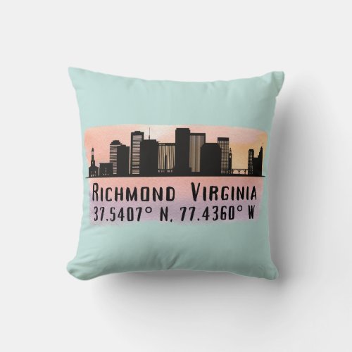 Richmond VA City Skyline Latitude and Longitude  Throw Pillow