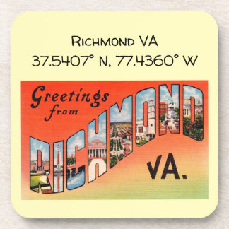 Richmond VA, Map Coordinates, Vintage Style Beverage Coaster