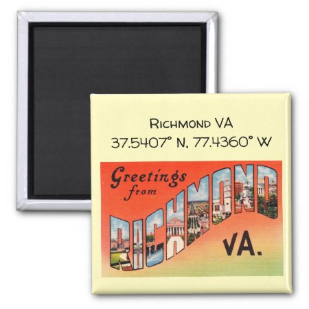 Richmond Va, Map Coordinates, Vintage Style Magnet