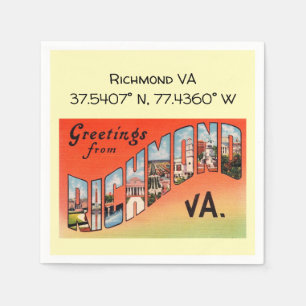 Richmond VA, Map Coordinates, Vintage Style Napkins