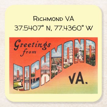 Richmond Va  Map Coordinates  Vintage Style Square Paper Coaster by markomundo at Zazzle