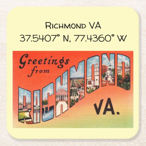 Richmond VA Map Coordinates Vintage Style Square Paper Coaster