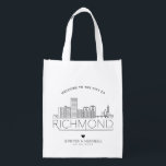 Richmond Wedding | Stylized Skyline Grocery Bag<br><div class="desc">A unique wedding bag for a wedding taking place in the beautiful city of Richmond,  Virginia.  This bag features a stylized illustration of the city's unique skyline with its name underneath.  This is followed by your wedding day information in a matching open-lined style.</div>