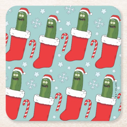 Rick and Morty  Christmas Pickle Rick Pattern Square Paper Coaster