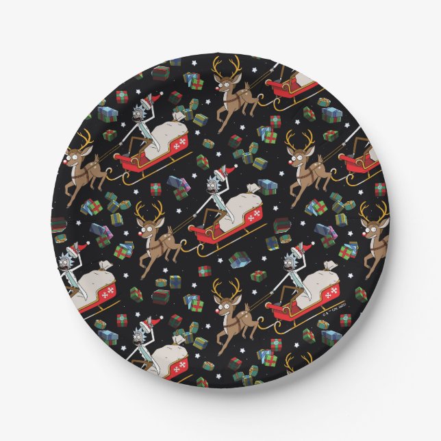 Rick and Morty | Christmas Reindeer Sleigh Pattern Paper Plates (Front)