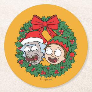 Rick and Morty Holiday Wreath Pattern Round Paper Coaster
