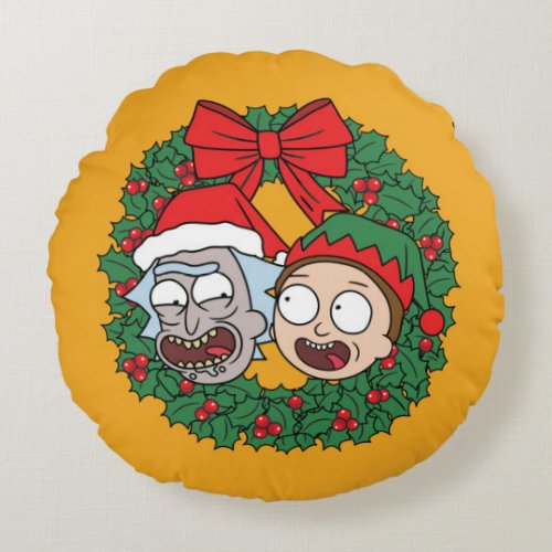 Rick and Morty  Holiday Wreath Pattern Round Pillow