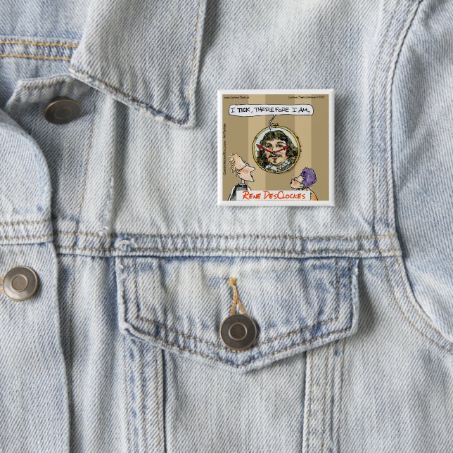 Rick London Cartoons Funny Descartes Clock Button (In Situ)