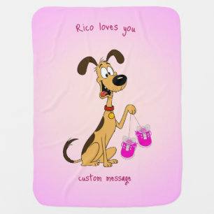 Rico the Dog holding Cute Rose Baby Shoes Blanket