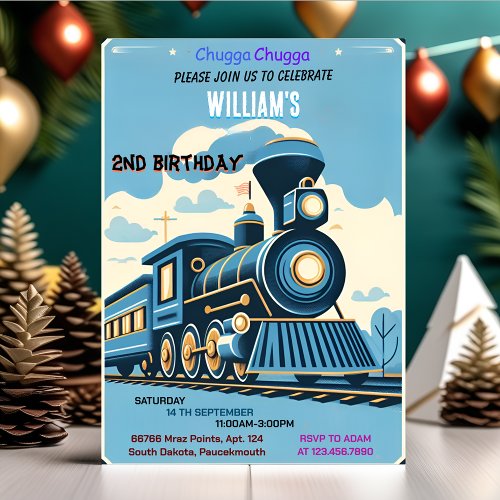 ride blue kids boys Vintage two train 2nd birthday Invitation