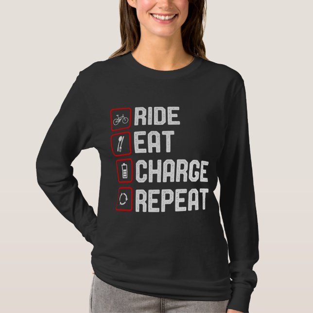 Ride Eat Charge Repeat Funny E-Bike T-Shirt (Front)