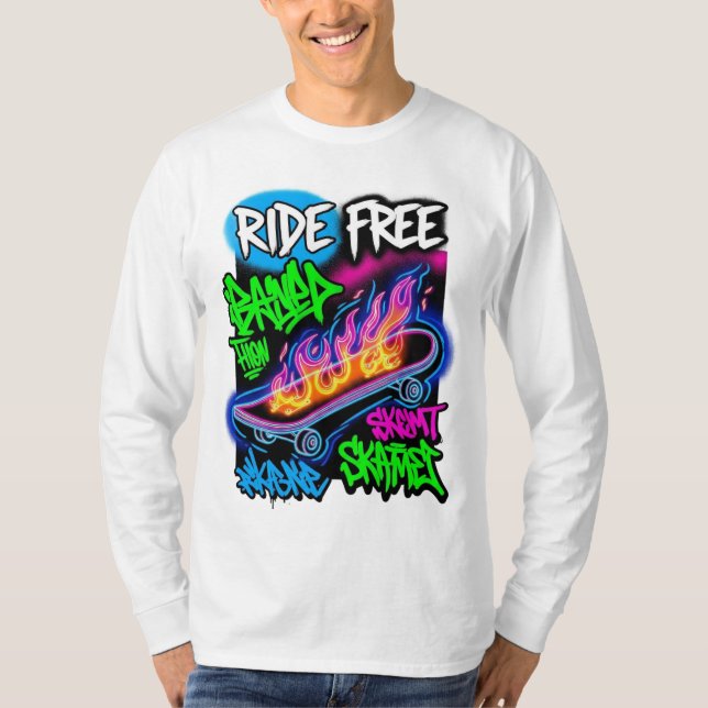 "Ride Free - Graffiti Style Skateboard Design" T-Shirt (Front)