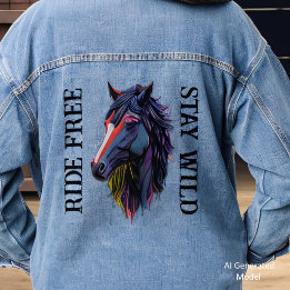 Ride Free Stay Wild Colorful Horse Head Denim Jacket