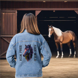 Ride Free Stay Wild Colorful Horse Head Denim Jacket