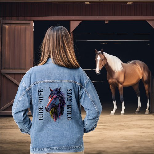 Ride Free Stay Wild Colorful Horse Head Denim Jacket