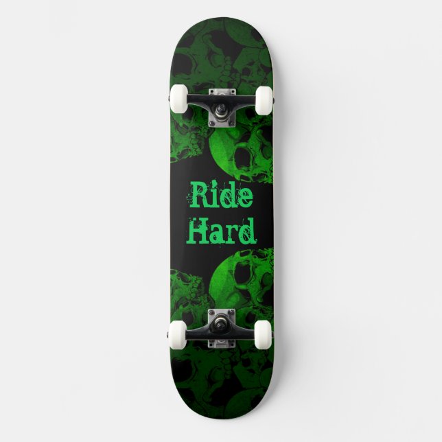 Ride Hard Green Skulls Skateboard Deck (Front)