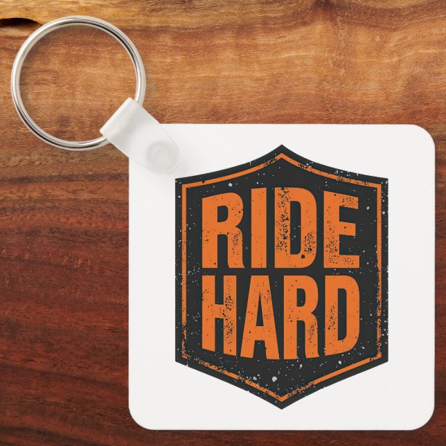 "Ride Hard" Rustic Biker Emblem Keychain (Front)