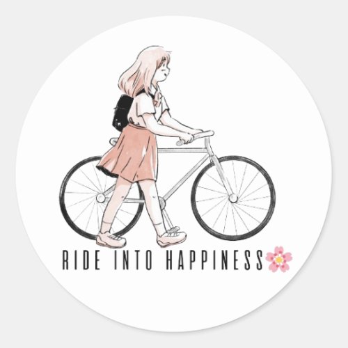 Ride into happiness Anime girl riding a bike stic Classic Round Sticker