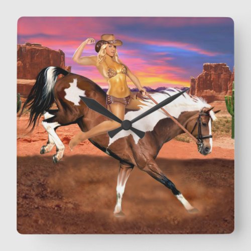 RIDEM BRONCO COWGIRL SQUARE WALL CLOCK