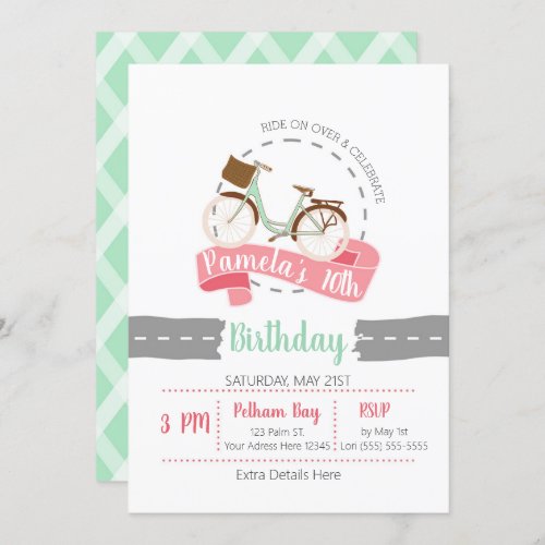 Ride On Over Bicycle Birthday Invitation  Mint