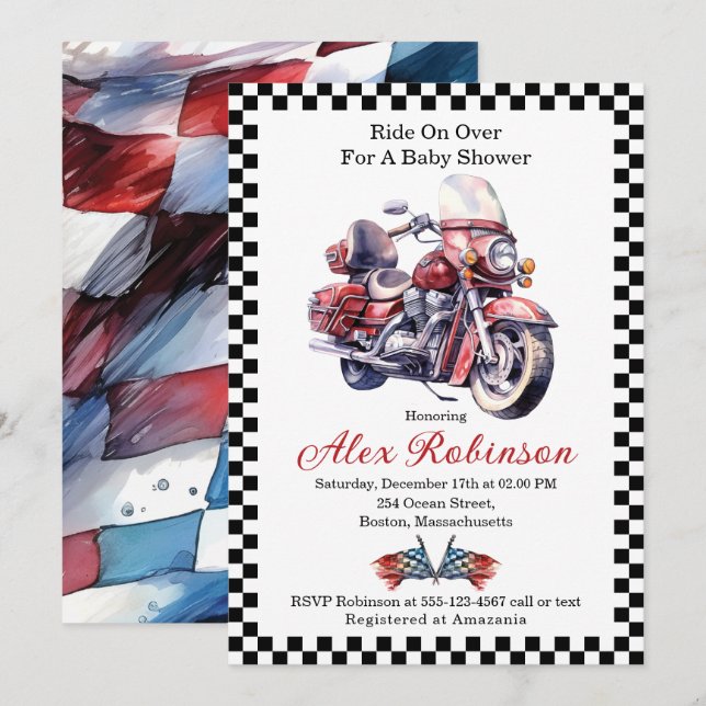 Ride on Over Motorcycle Baby Shower Invitation (Front/Back)