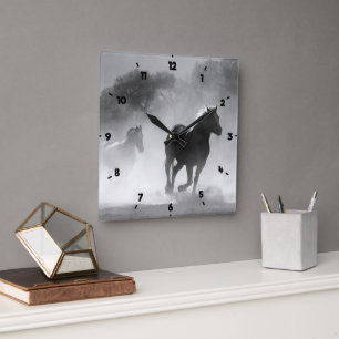 RIDE ON RUNNING HORSES GREY SQUARE WALL CLOCK