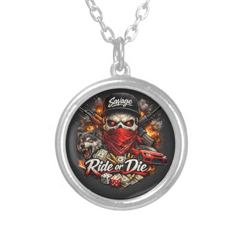 Ride or Die Skull Wolf Streetwear Design Silver Plated Necklace