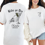 Ride Or Die Til Death Do We Party Bachelorette T-Shirt<br><div class="desc">Celebrate your bachelorette party with our Personalized "Ride Or Die" Shirt, designed for the ultimate "Til Death Do We Party" experience. Perfect for a gothic wedding bachelorette party, this custom shirt combines dark elegance with a touch of humor. Featuring a bold skeleton bride graphic and the playful "til death do...</div>