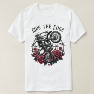 Ride The Edge" Motocross Skull & Roses Graphic T-Shirt