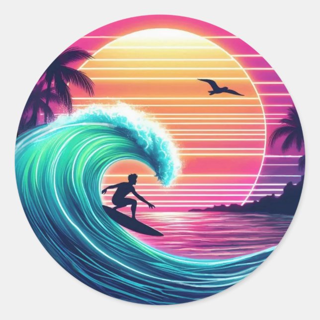 Ride the Wave at Sunset Classic Round Sticker (Front)