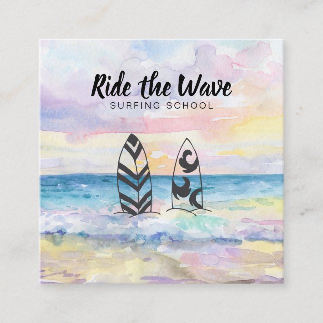 *~* Ride the Wave Beach Ocean Surfing School Square Business Card (Front)