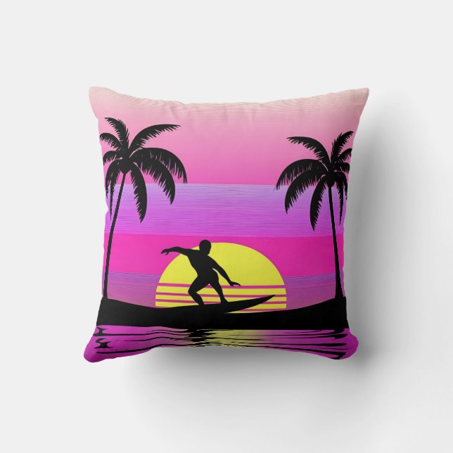Ride the Waves – Sunset Surf Mood in Purple Tones Throw Pillow (Back)