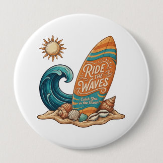 Ride the Waves Surfboard Illustration - Tropical B Button