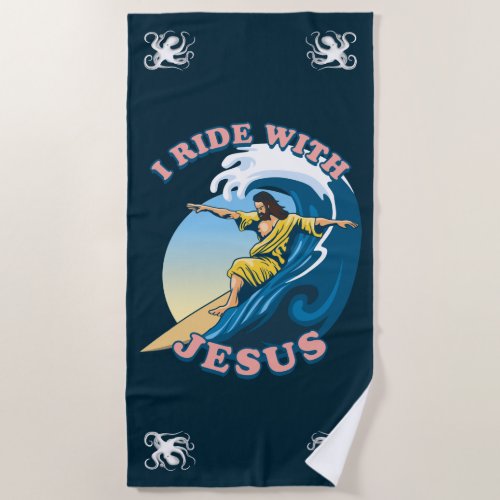  Ride With Jesus  Surfing Jesus Illustration Beach Towel