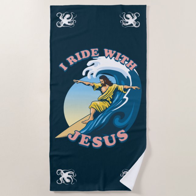  Ride With Jesus | Surfing Jesus Illustration Beach Towel (Front)
