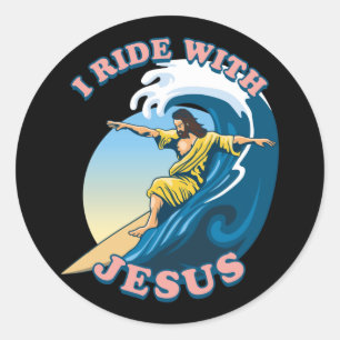 Ride With Jesus Surfing Jesus Illustration Classic Round Sticker
